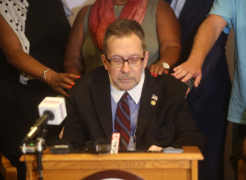 Longtime Hamilton County Commissioner Todd Fortune gets support from friends and family as he announces that he will not be seeking re-election in 2020.  Portune explained that his cancer has come back and spread in his body.  He stated that he will not be stepping down as Commissioner at this time.  Photo  by Leigh Taylor