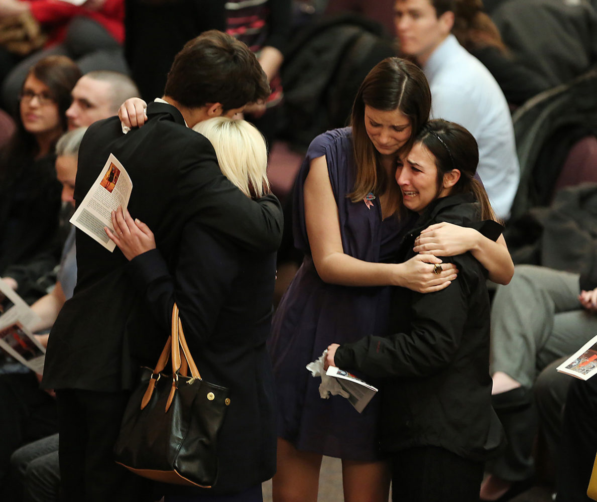 funeral  January 18, 2013   Mourners comfort each other before the funeral of Ellen Garner at  Ginghamsburg Church in Tipp City, Ohio on Friday, January 18, 2013.  The University of Cincinnati student died on January 14 after sustaining life-threatening injuries in a fire on New Years Day.   Rod Garner says, that his daughter "is now home."  The Enquirer/Leigh Taylor