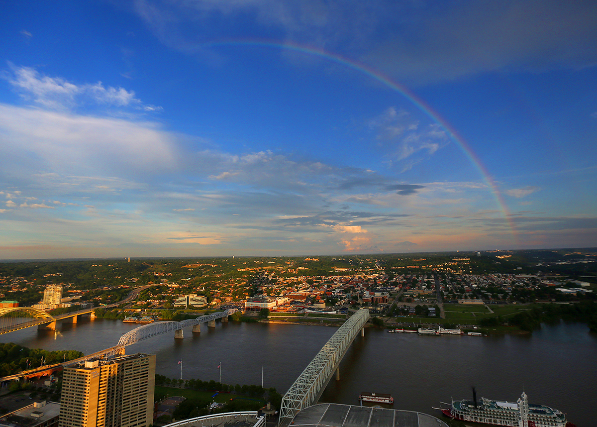 beyonce concert  June 28, 2014   A rainbow forms after the rain before the Beyonce-Jay Z "On the Run" concert at The Great American Ball Park on Saturday, June 28, 2014.  A view from the top of The Great American Tower at Queen City Square building.  The Enquirer/Leigh Taylor