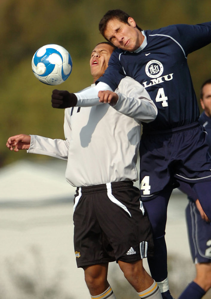 NKUSOCCER  NOVEMBER 18, 2007  Northern Kentucky University player Braden Bishop goes up for a headball against Lincoln Memorial University player Vitor Souza as the teams take on each other for the Division 2 quarterfinals at Town and County soccer complex in Wilder, Kentucky.  LMU won the game 2-1.  The Enquirer/Leigh Taylor